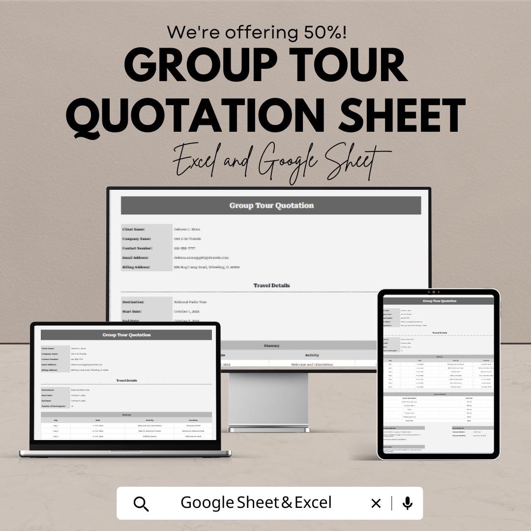 Group Tour Quotation Template for Excel & Google Sheets – 50% Off – Customizable Tour Quotation Sheet for Travel Agencies