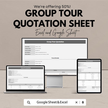Group Tour Quotation Template for Excel & Google Sheets – 50% Off – Customizable Tour Quotation Sheet for Travel Agencies