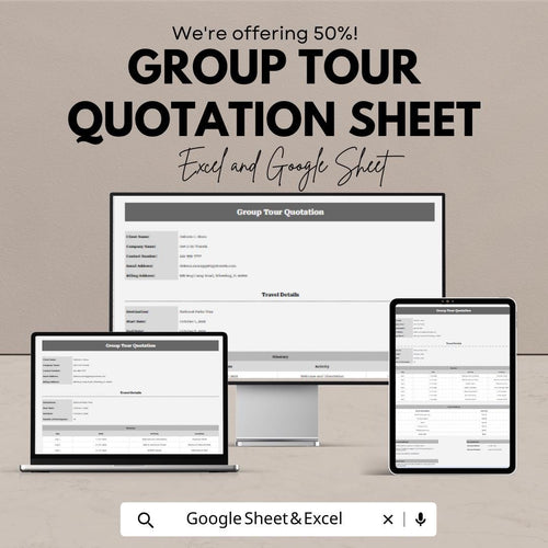 Group Tour Quotation Template for Excel & Google Sheets – 50% Off – Customizable Tour Quotation Sheet for Travel Agencies