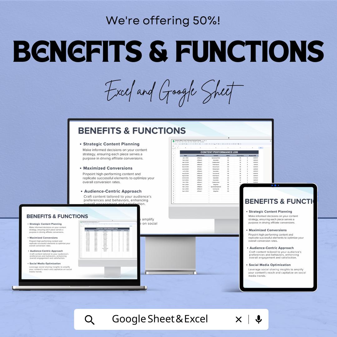 Marketing Affiliate Content Performance Dashboard | Track Clicks, Conversions and Revenue | Excel & Google Sheets | Digital Analytics Sheet