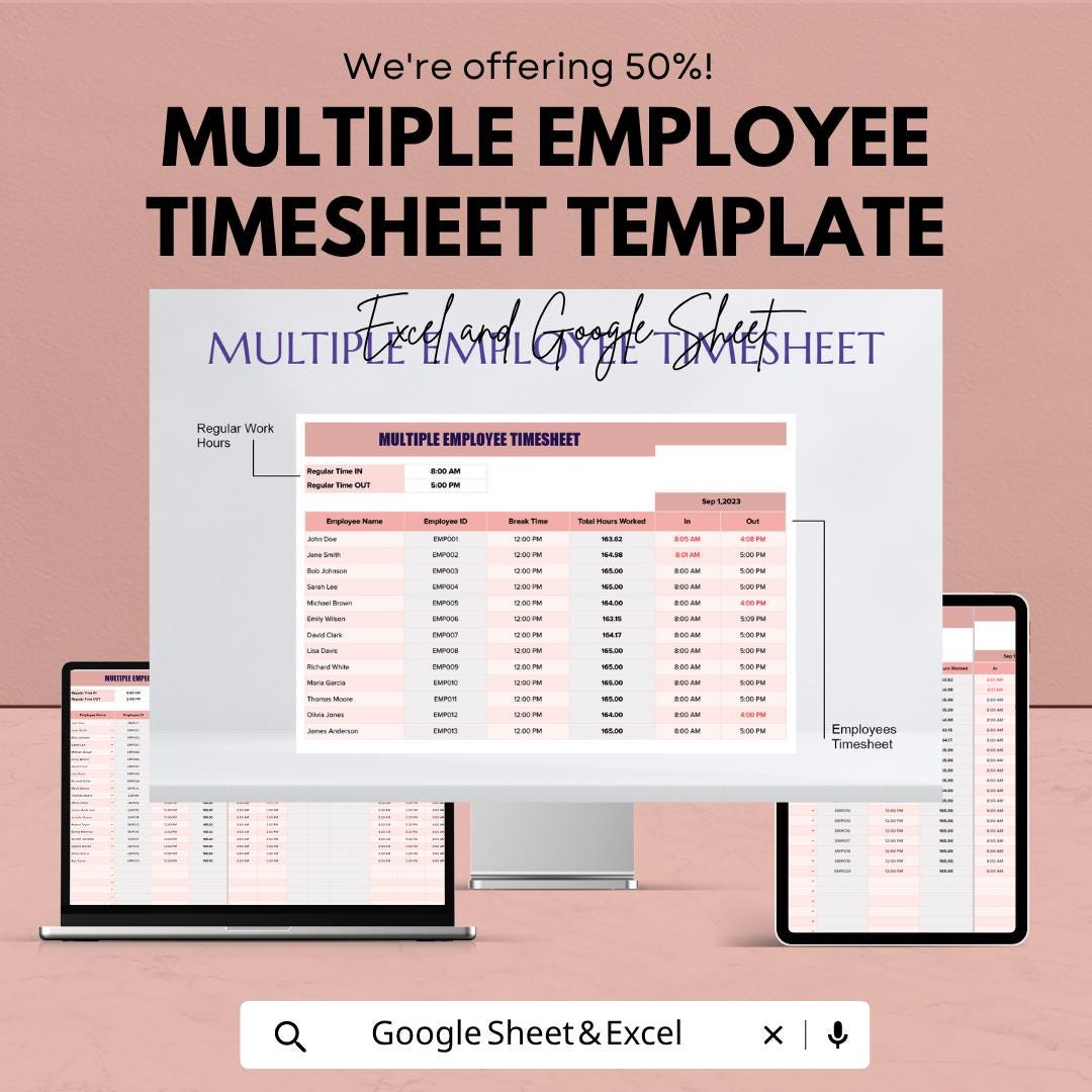 Multiple Employee Timesheet Template | Employee Time Tracker | Weekly Timesheet Template | Payroll Tracker