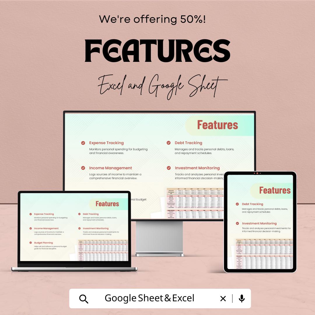 Personal Accounting Template | Budget Tracker Spreadsheet | Monthly Expense Tracker | Income & Debt Management Sheet