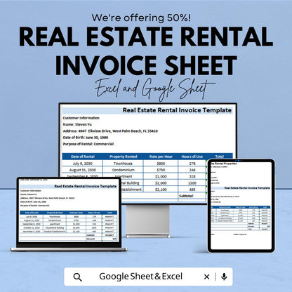 Real Estate Rental Invoice Template - Excel & Google Sheets - Customizable Invoice for Property Rentals