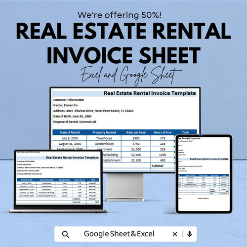 Real Estate Rental Invoice Template - Excel & Google Sheets - Customizable Invoice for Property Rentals