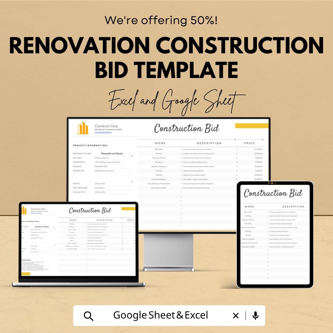 Renovation Construction Bid Template | Construction Bid Spreadsheet | Contractor Proposal Template | Excel & Google Sheets |