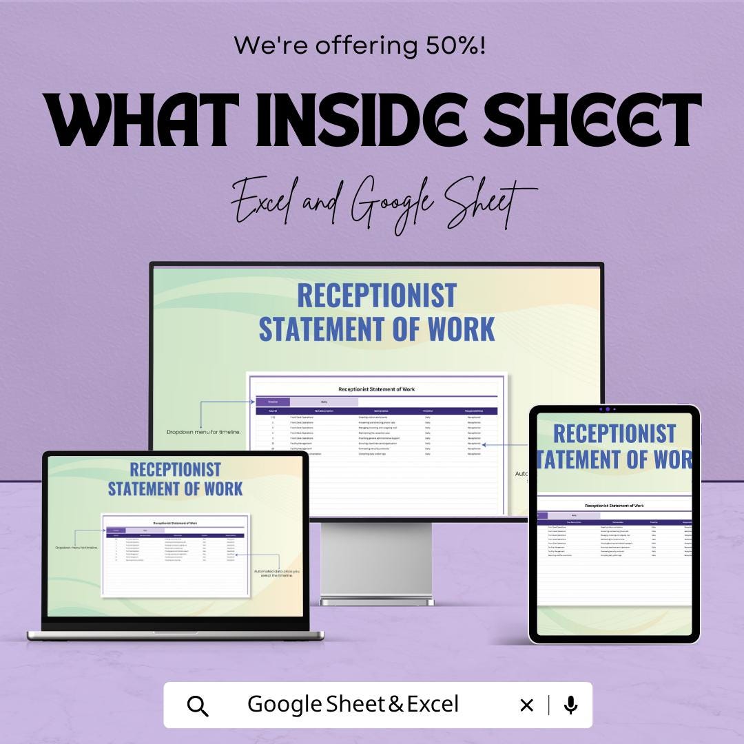 Receptionist Statement of Work Template | Admin Task Tracker Spreadsheet | Office Workflow Planner Template | Daily Task Management Sheet