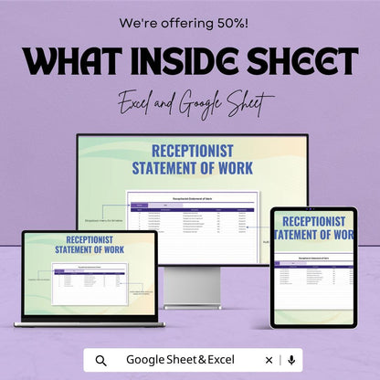 Receptionist Statement of Work Template | Admin Task Tracker Spreadsheet | Office Workflow Planner Template | Daily Task Management Sheet