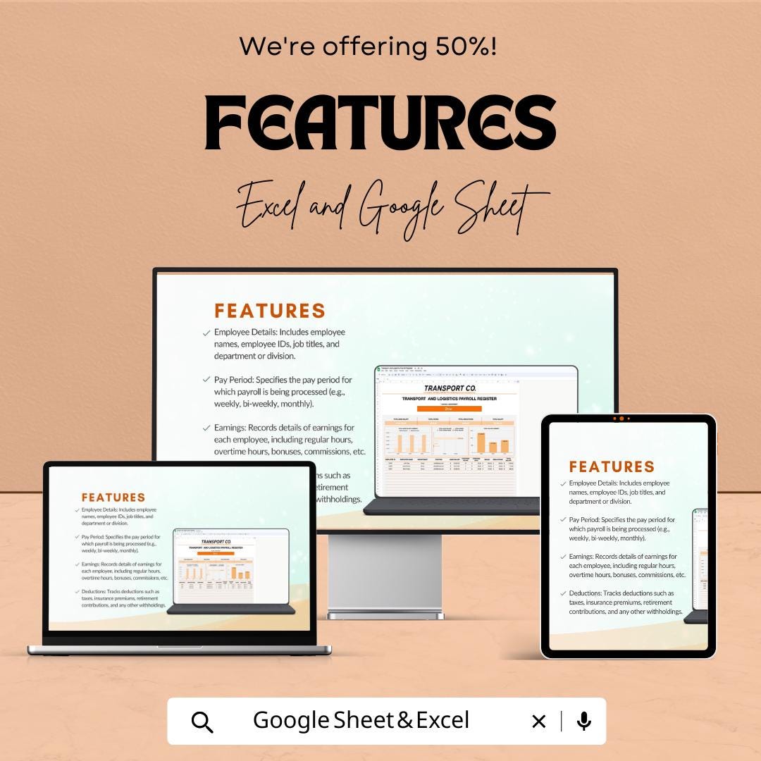 Transport Payroll Register Template | Logistics Payroll Sheet | Employee Payroll Tracker Excel & Google Sheets | Salary Register Template