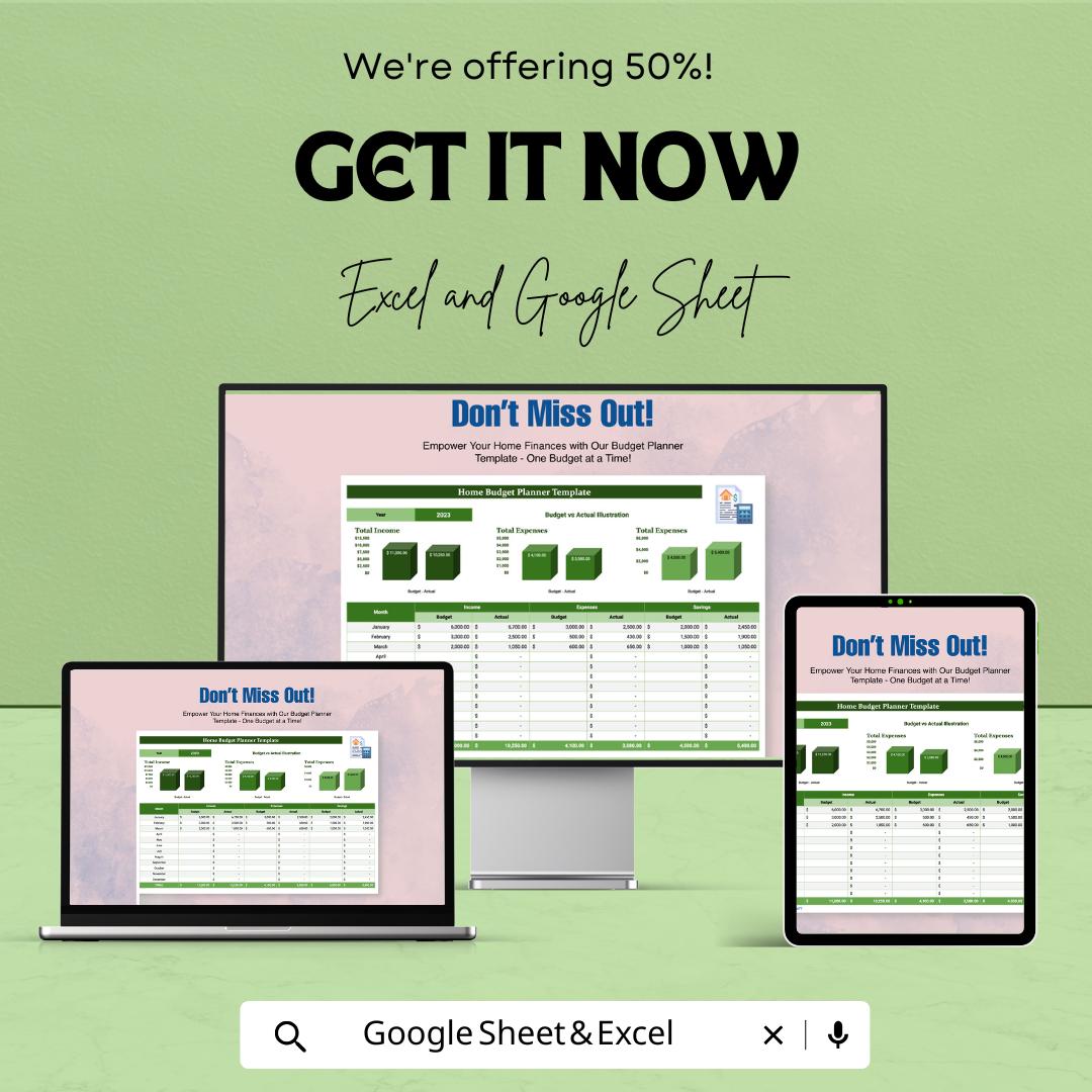 Home Budget Planner Template | Monthly Expense Tracker | Personal Finance Spreadsheet | Excel and Google Sheets Budget Organizer