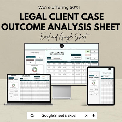 Legal Client Case Outcome Analysis Sheet | Google Sheets | Track Legal Cases & Client Outcomes | Data Analytics Template for Law Firms