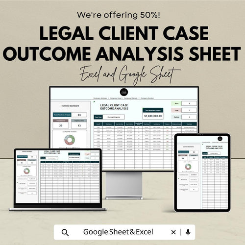 Legal Client Case Outcome Analysis Sheet | Google Sheets | Track Legal Cases & Client Outcomes | Data Analytics Template for Law Firms