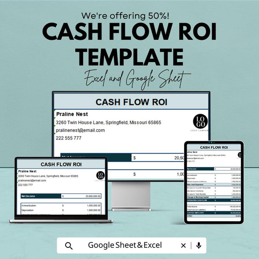 Cash Flow ROI Template | Investment ROI Calculator | Cash Flow Analysis Sheet | Financial Calculator | Business Finance Template