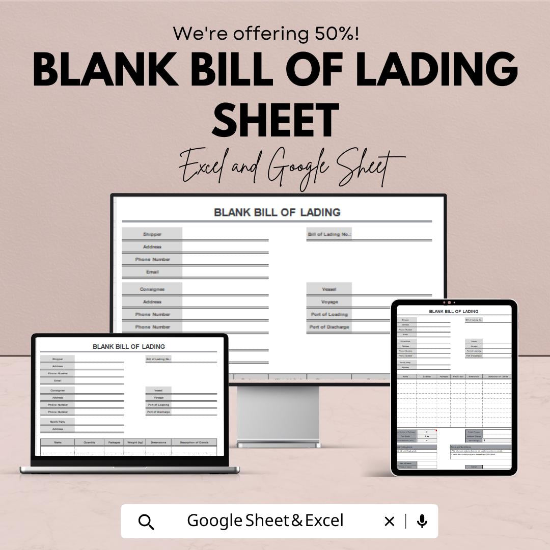 Blank Bill of Lading Sheet | Excel and Google Sheets Template | Shipping, Freight & Transport Documentation | Instant Download