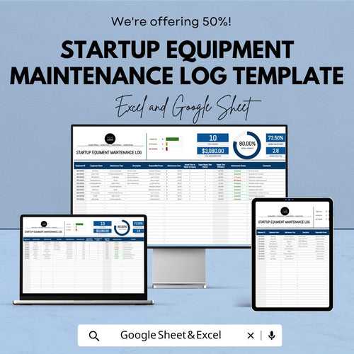 Startup Equipment Maintenance Log Template | Excel & Google Sheets | Equipment Tracking Spreadsheet | Maintenance Record System