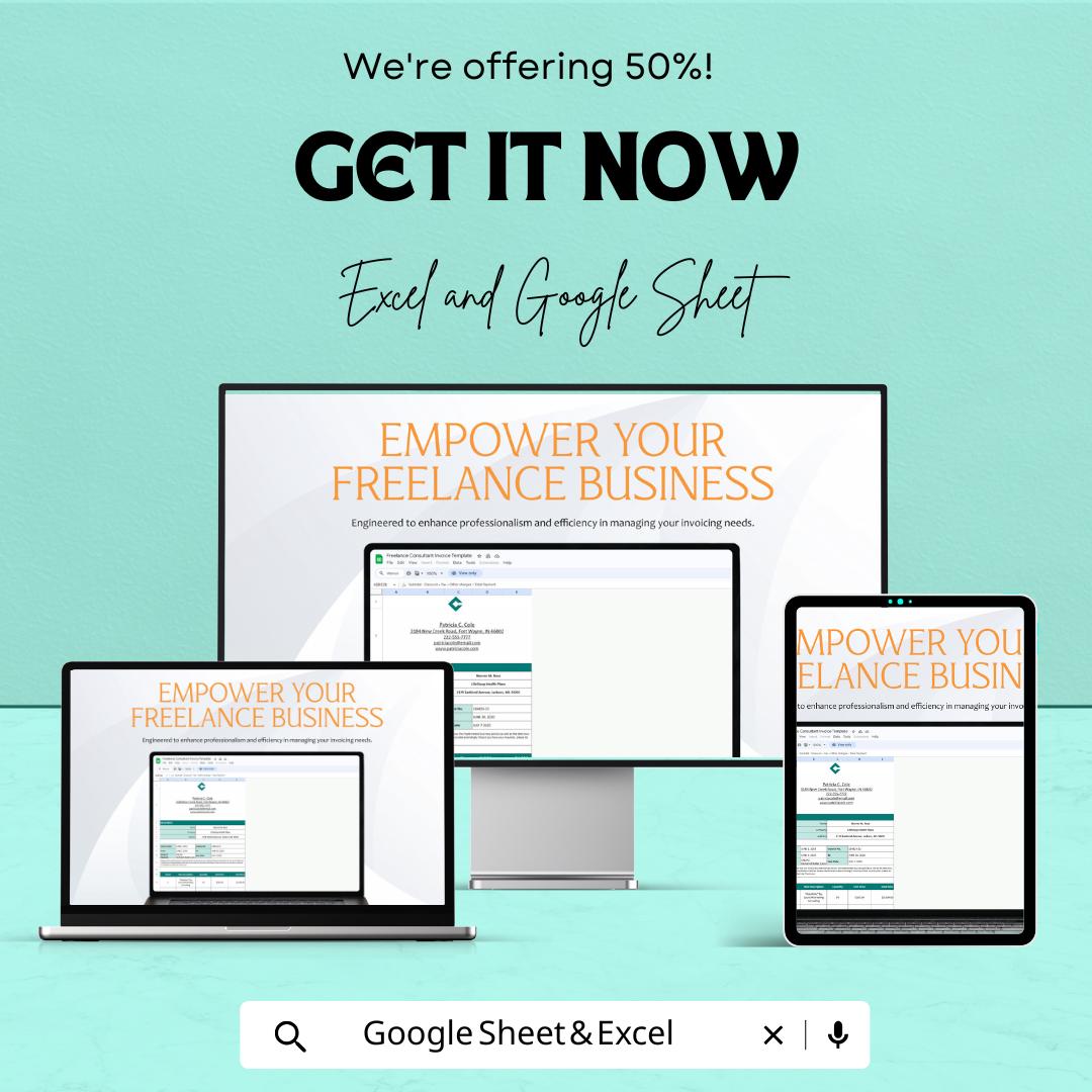 Freelance Consultant Invoice Sheet - Excel and Google Sheet Template | Professional Billing & Invoice Tracker | 50% Off