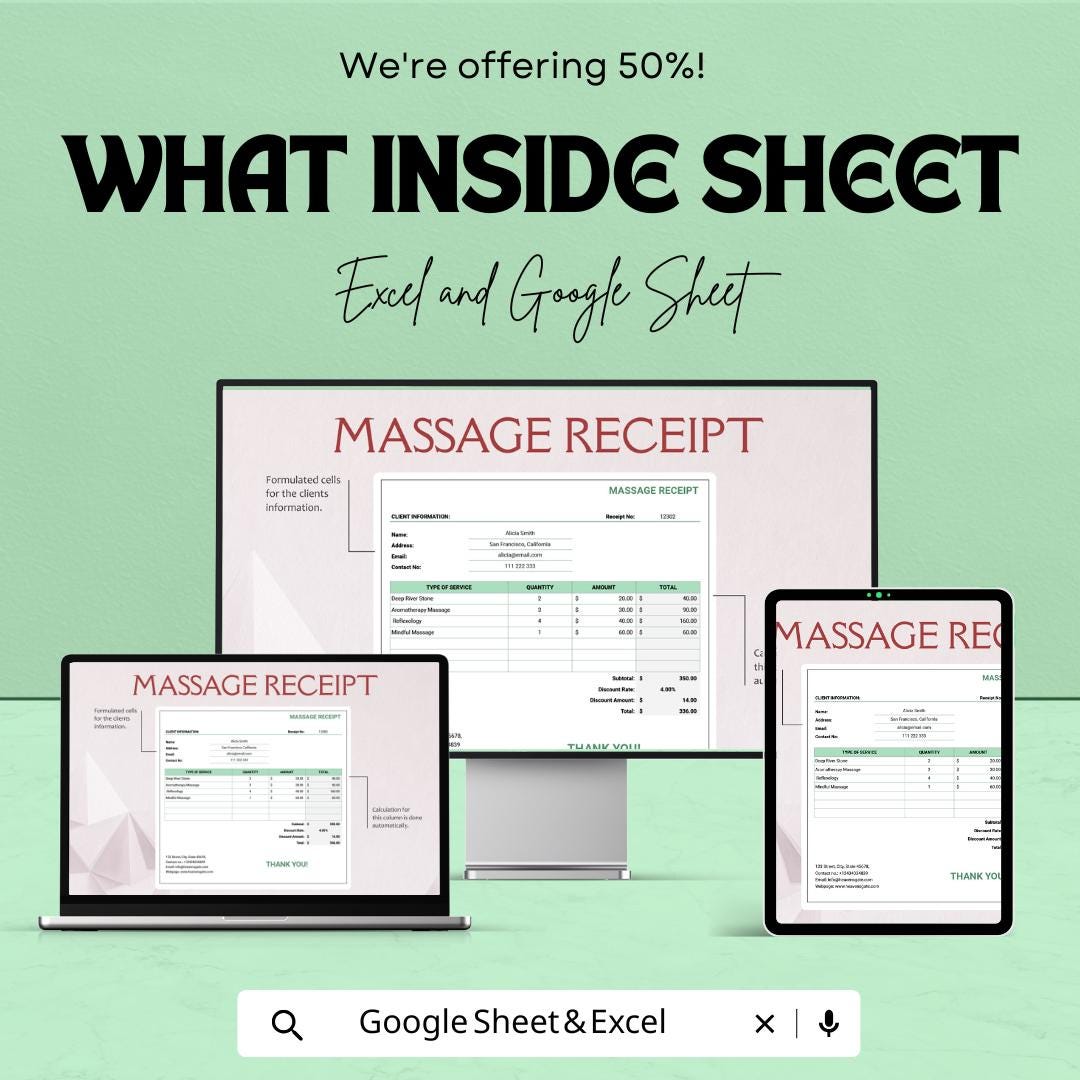 Massage Receipt Template | Spa & Therapy Receipt | Editable Massage Invoice | Service Receipt | Printable Business Template