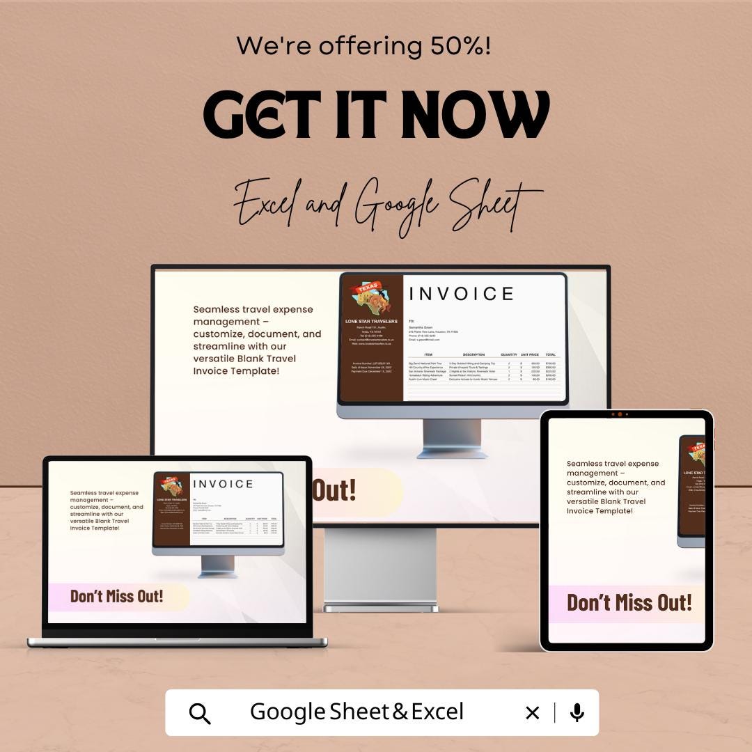 Blank Travel Invoice Sheet | Excel & Google Sheet Template | Travel Expense Invoice | Customizable Invoice Template | 50% OFF Now!