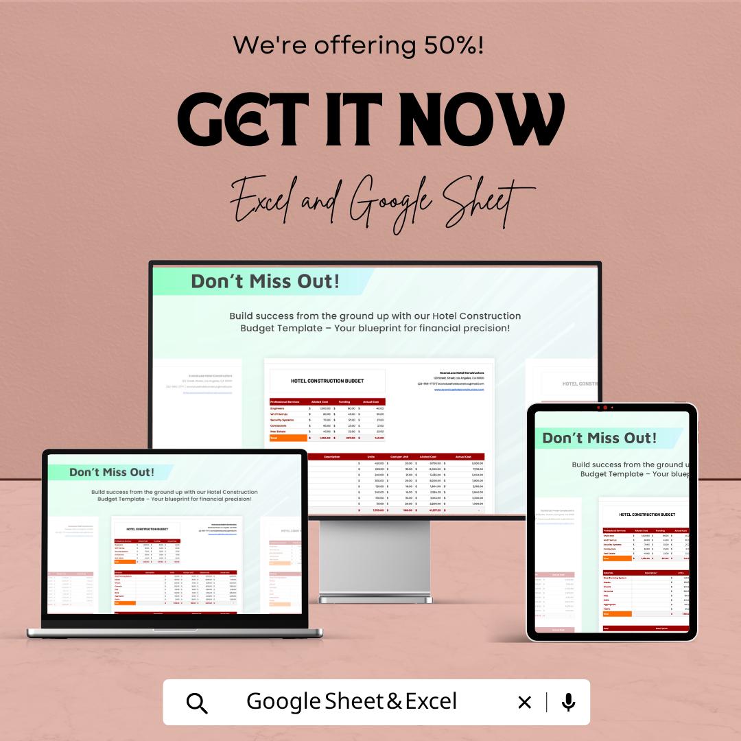 Hotel Construction Budget Template | Construction Budget Spreadsheet | Project Cost Estimator | Building Budget Planner