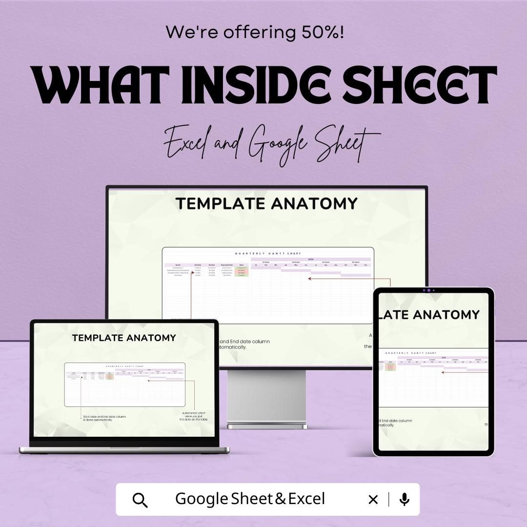 Quarterly Gantt Chart Template | Project Timeline Planner | Task Tracking Spreadsheet | Project Management Template | Editable Gantt