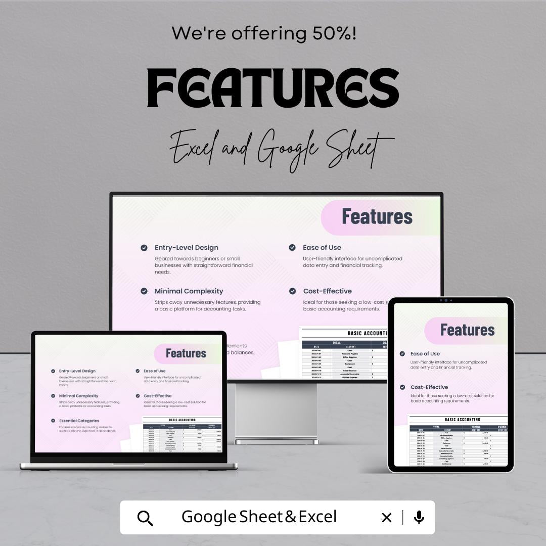 Basic Accounting Template | Excel and Google Sheets | Entry-Level Bookkeeping Spreadsheet | Debit & Credit Tracker | Simple Accounting Sheet