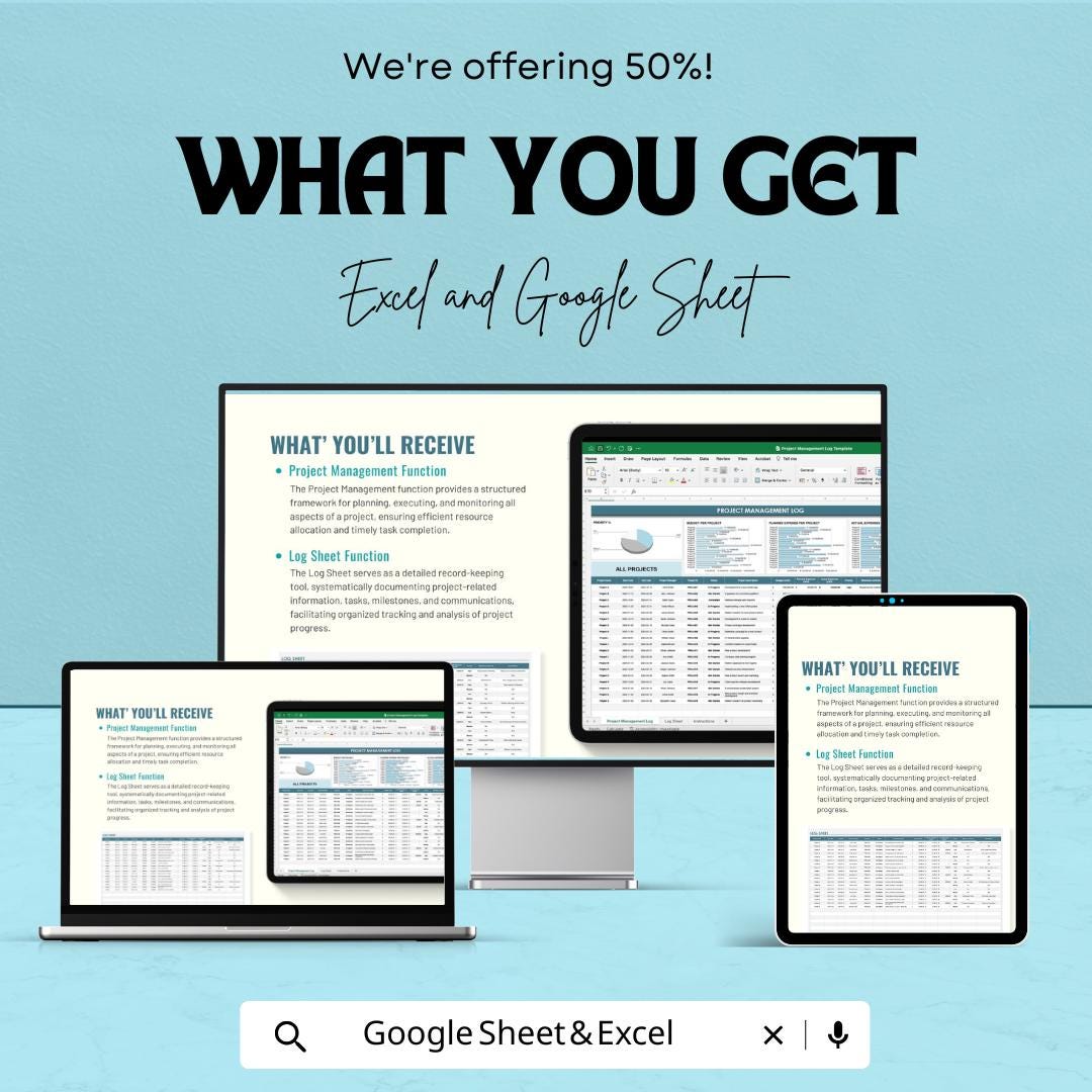 Project Management Log Sheet | Excel and Google Sheets Template | Track Projects, Budget & Expenses | Project Planning and Task Tracker