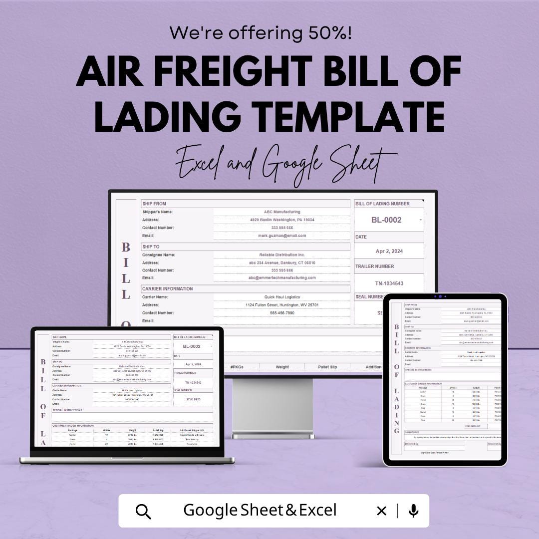 Air Freight Bill of Lading Template | Shipping Document Template | Freight Documentation | Cargo Shipping Template