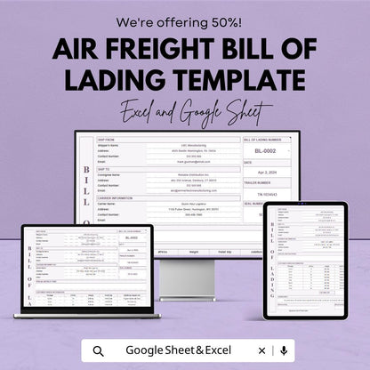 Air Freight Bill of Lading Template | Shipping Document Template | Freight Documentation | Cargo Shipping Template