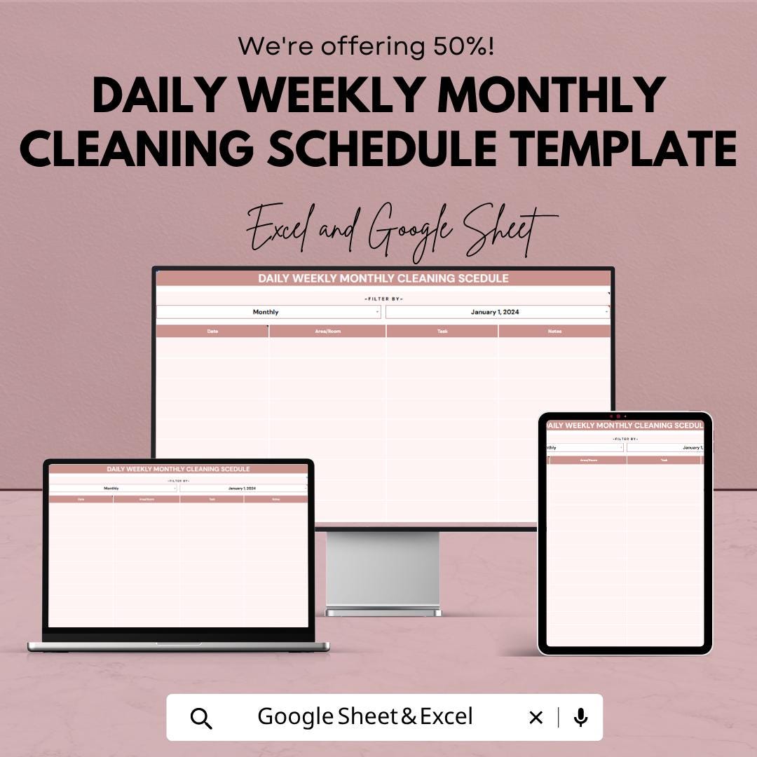 Daily Weekly Monthly Cleaning Schedule Template | Cleaning Checklist Spreadsheet | House Cleaning Planner | Excel & Google Sheets |