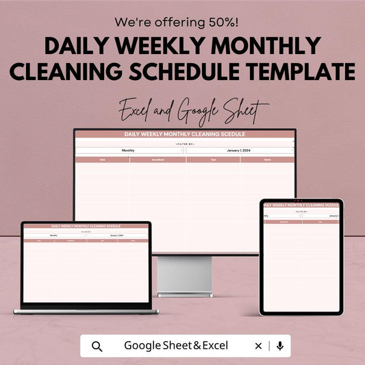 Daily Weekly Monthly Cleaning Schedule Template | Cleaning Checklist Spreadsheet | House Cleaning Planner | Excel & Google Sheets |