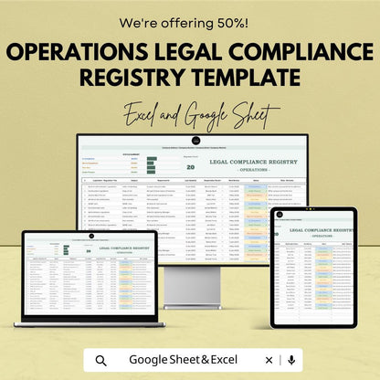 Operations Legal Compliance Registry Template, Legal Compliance Tracker, Regulatory Checklist, Audit Log, Business Compliance Sheet