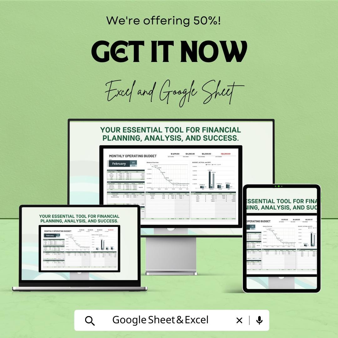 Monthly Operating Budget Worksheet | Google Sheet | Expense Tracker & Financial Planning Tool | Budget Management and Analysis Template