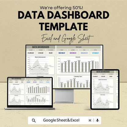 Data Dashboard Template | Business KPI Tracker | Analytics Report Template | Sales & Marketing Metrics Dashboard