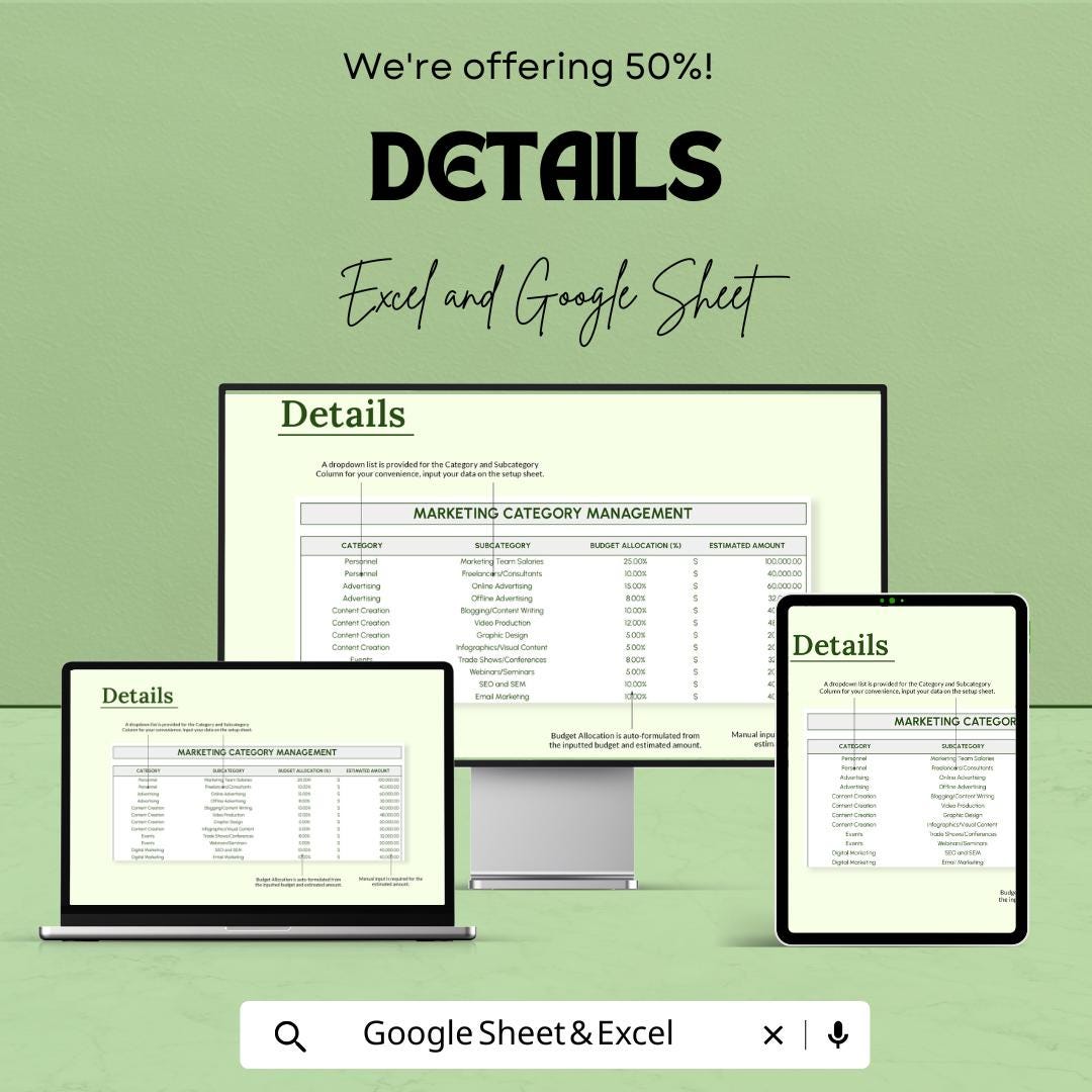 IT Marketing Budget Template | Excel & Google Sheets | IT Budget Planner | Marketing Expense Tracker | Editable Business Budget Spreadsheet