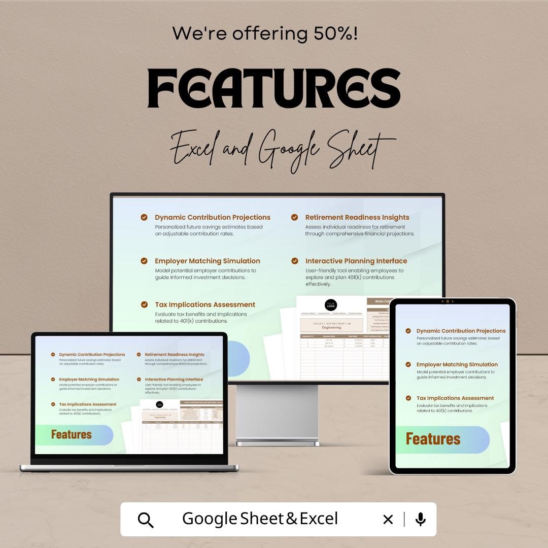 401(k) Contributions and Matching Calculator HR Sheet – Excel & Google Sheet – Employee Retirement Planning Tool – Tax, Matching