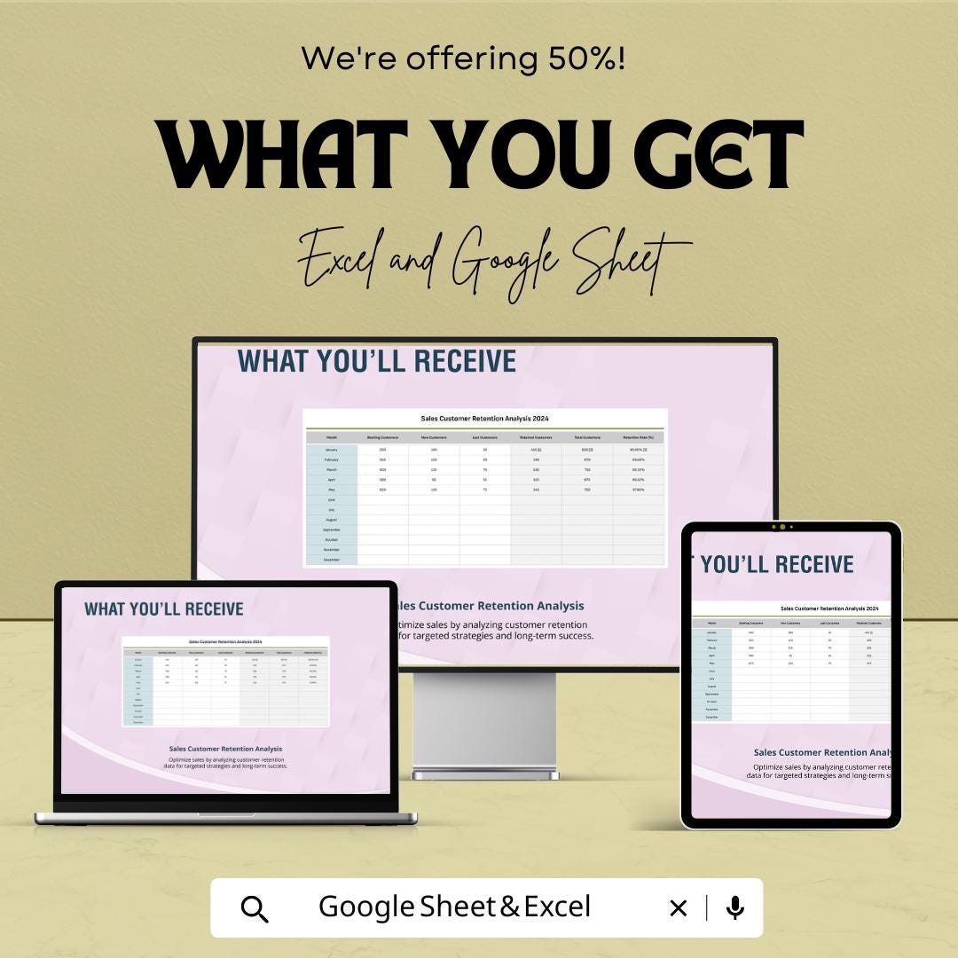 Sales Customer Retention Analysis Template | Excel & Google Sheets Dashboard | Customer Analytics Report | Business Data Tracker | Retention