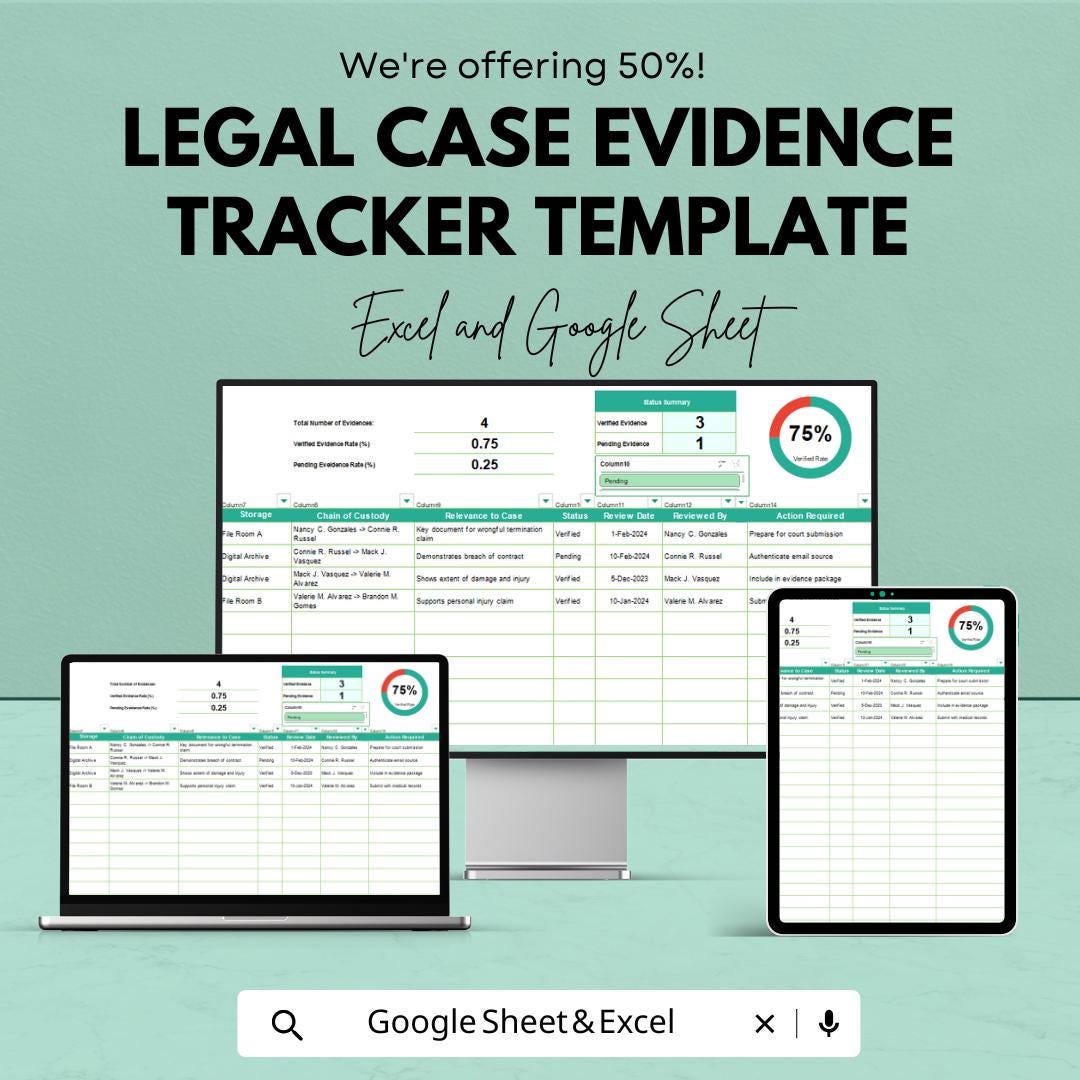 Legal Case Evidence Tracker Template | Law Firm Case Management Spreadsheet | Excel and Google Sheet | Paralegal & Attorney Organizer