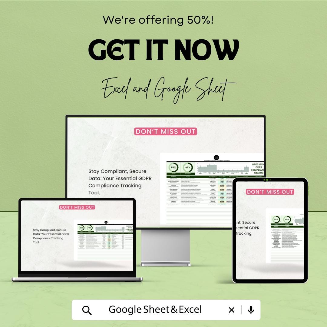 Operations GDPR Compliance Status Template, GDPR Tracker Spreadsheet, Data Protection Compliance Log, Privacy Compliance Dashboard