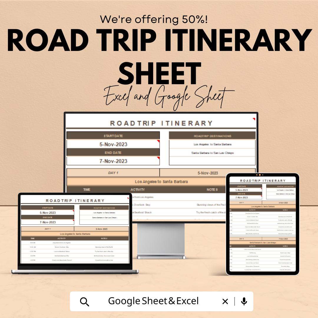 Road Trip Itinerary Sheet - Printable Excel & Google Sheets Template for Smooth Travel Planning