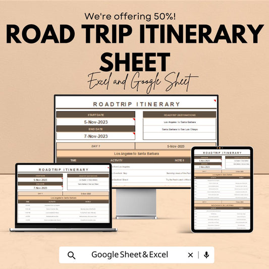 Road Trip Itinerary Sheet - Printable Excel & Google Sheets Template for Smooth Travel Planning