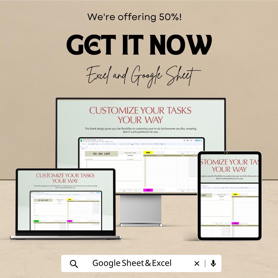 Blank To Do List Template Excel | Daily Task Planner Google Sheets | Simple Productivity Tracker | Editable Checklist | Minimal Task Manager
