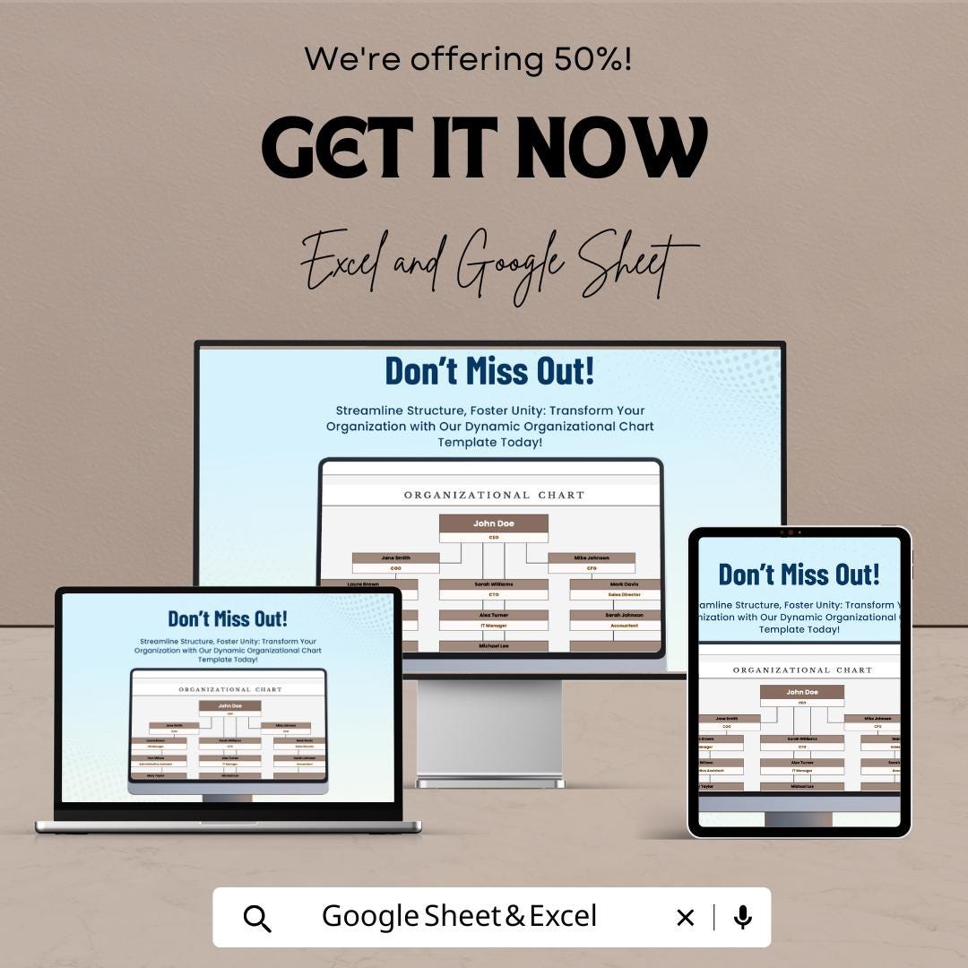 Organizational Chart Template | Editable Google Sheet & Excel Org Chart | Company Structure Hierarchy Diagram | Employee Org Chart