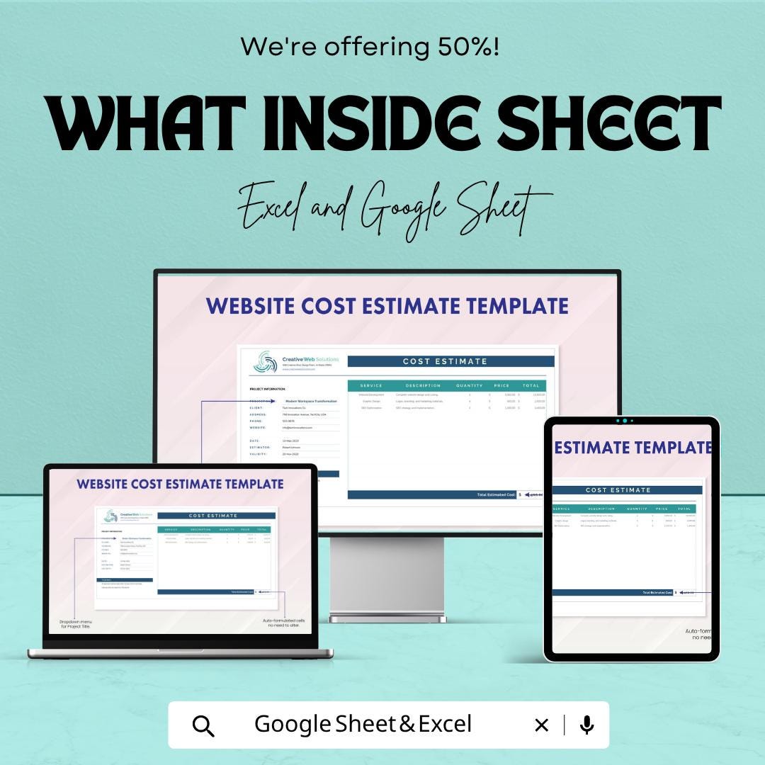 Website Cost Estimate Template | Excel Project Budget Spreadsheet | Google Sheets Website Quote Calculator | Web Design Proposal Template |