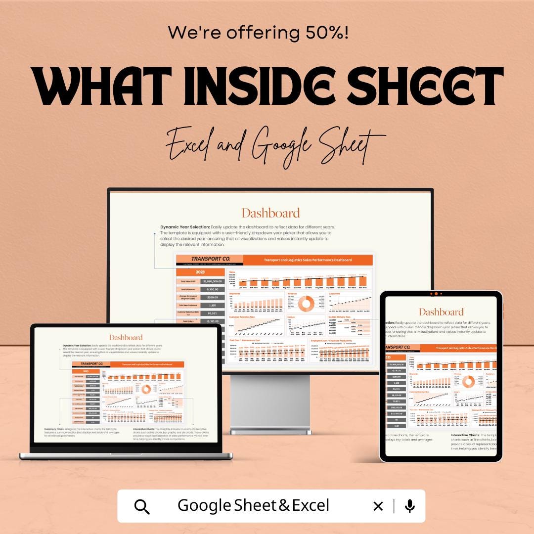 Transport and Logistics Sales Performance Dashboard Template | Sales KPI Tracking Spreadsheet | Revenue & Shipment Analysis