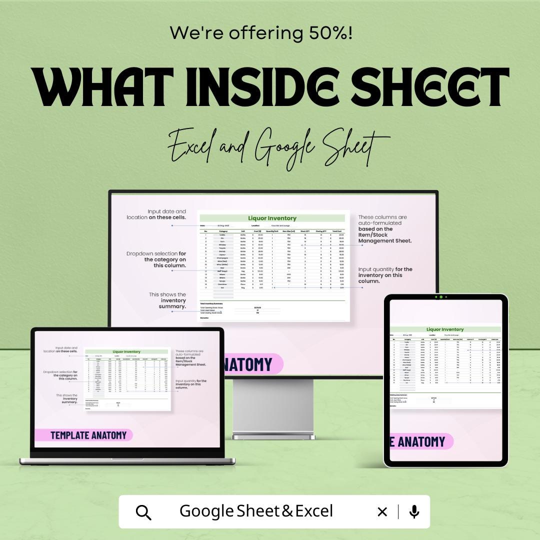 Liquor Inventory Template Excel & Google Sheets | Bar Inventory Spreadsheet | Alcohol Stock Tracker | Liquor Stock Management Log