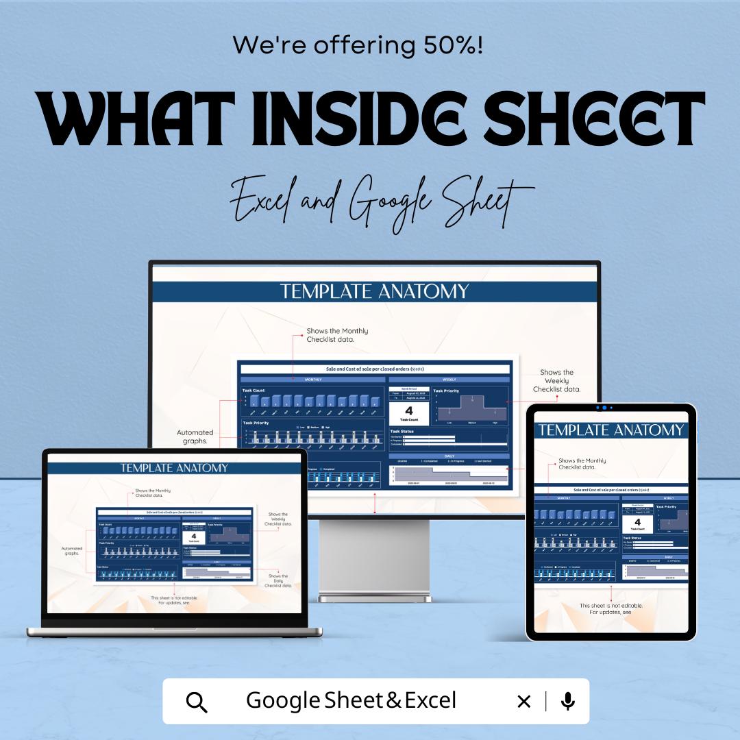 Daily, Weekly, Monthly Checklist Sheet for Task Management | Google Sheet & Excel Template | Printable Planner and Organizer