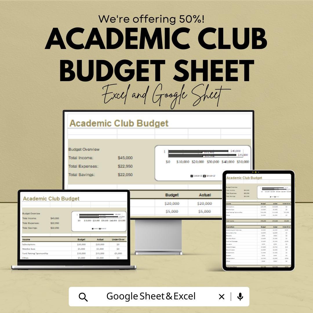 Academic Club Budget Sheet | Editable Excel & Google Sheets Template | School Club Finance Tracker | Budget Planner for Students