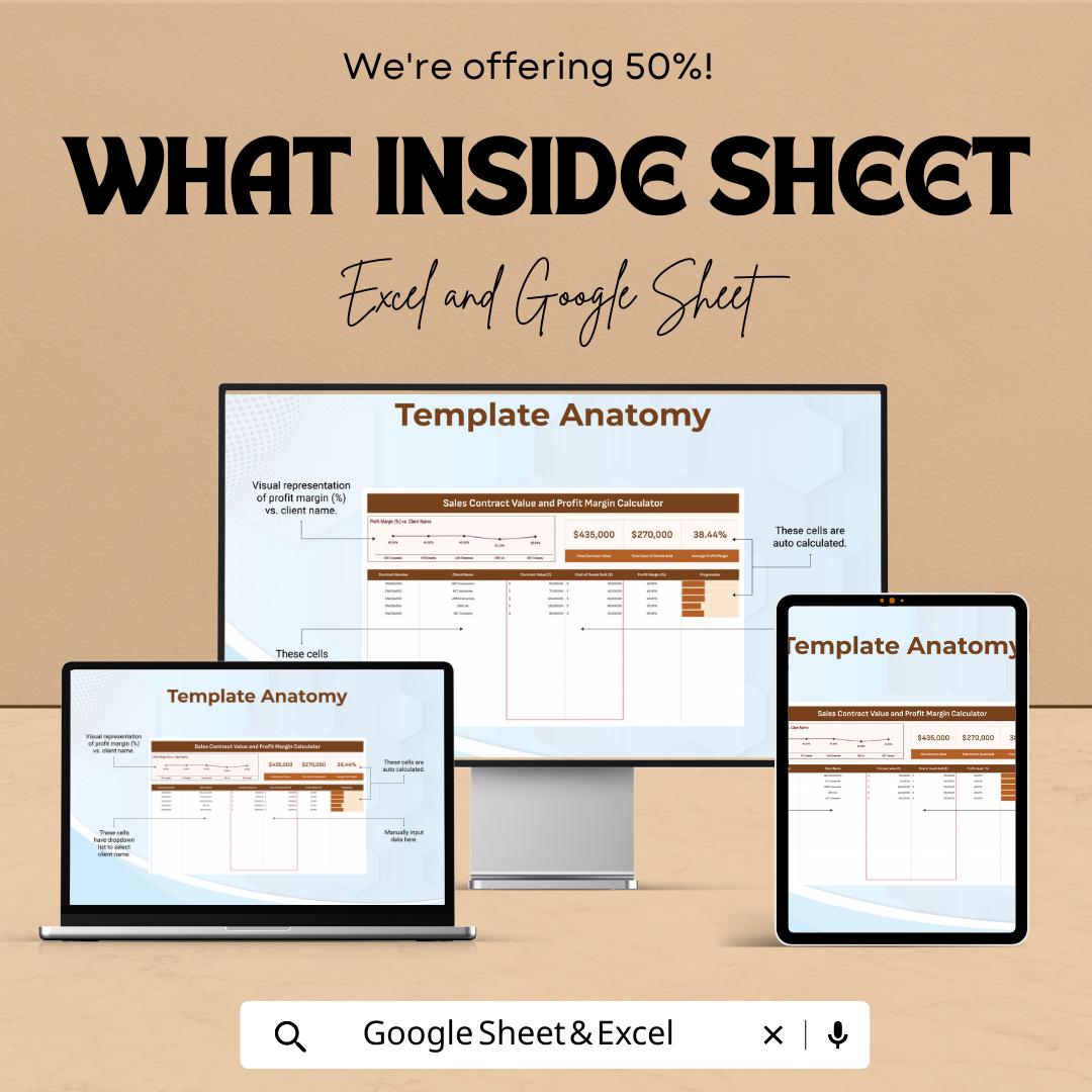 Sales Contract Value and Profit Margin Calculator Template, , Profit Tracker, Contract Value Spreadsheet, Business Profit Tool