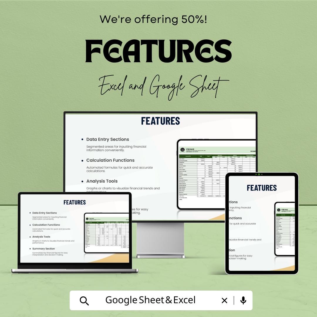 Accounting Worksheet Template | Excel and Google Sheets | Financial Analysis, Data Entry, Adjusted Trial Balance, Ledger & Reporting Tool