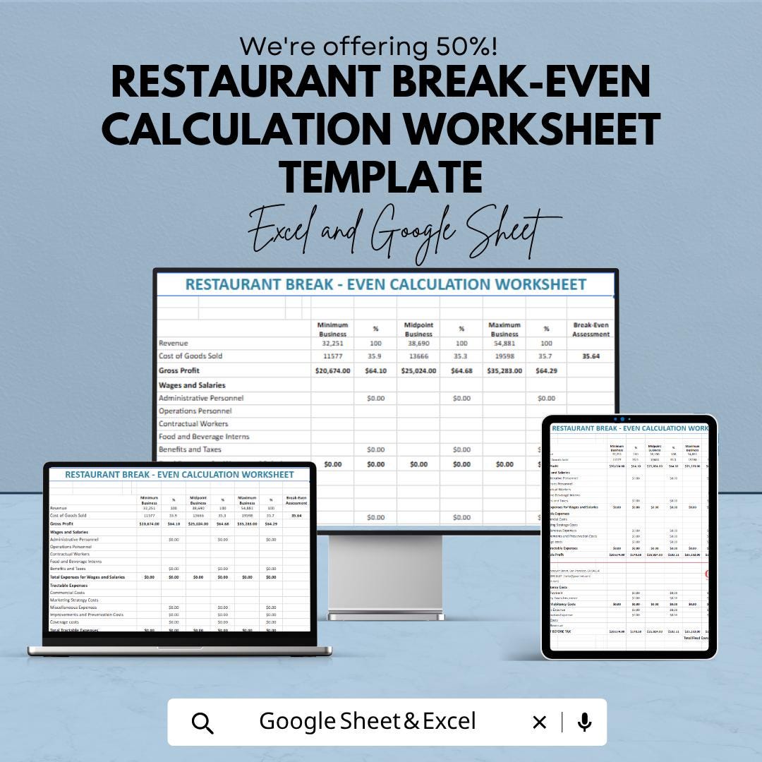 Restaurant Break Even Calculator | Food Business Financial Planner | Profit Analysis Spreadsheet | Cost & Revenue Tracker
