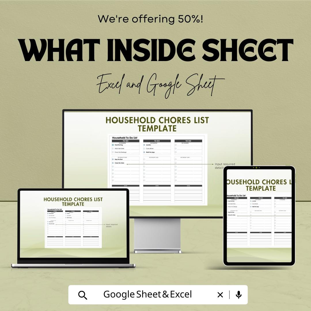 Household Chores List Sheet | Excel & Google Sheets | To-Do List, Home Management, Task Organizer